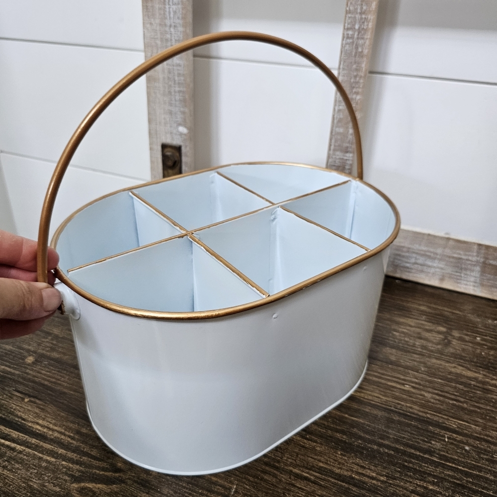 White Gold Metal Utensil Caddy Farmhouse Countertop or Desk Organizer - Picture 6 of 12